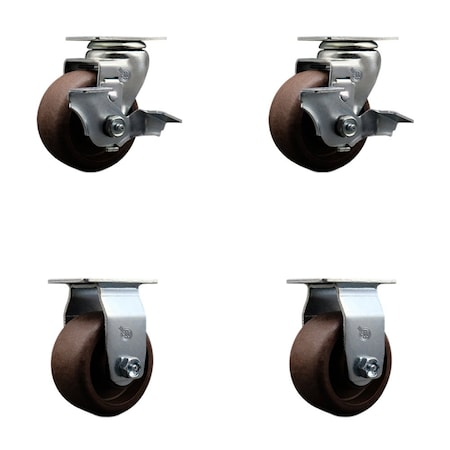 Service Caster 4'' High Temp Glass Filled Nylon Caster Set w/Bronze Bearings 2 Brake 2 Rigid, 4PK SCC-20S420-GFNBZHT-TLB-2-R-2